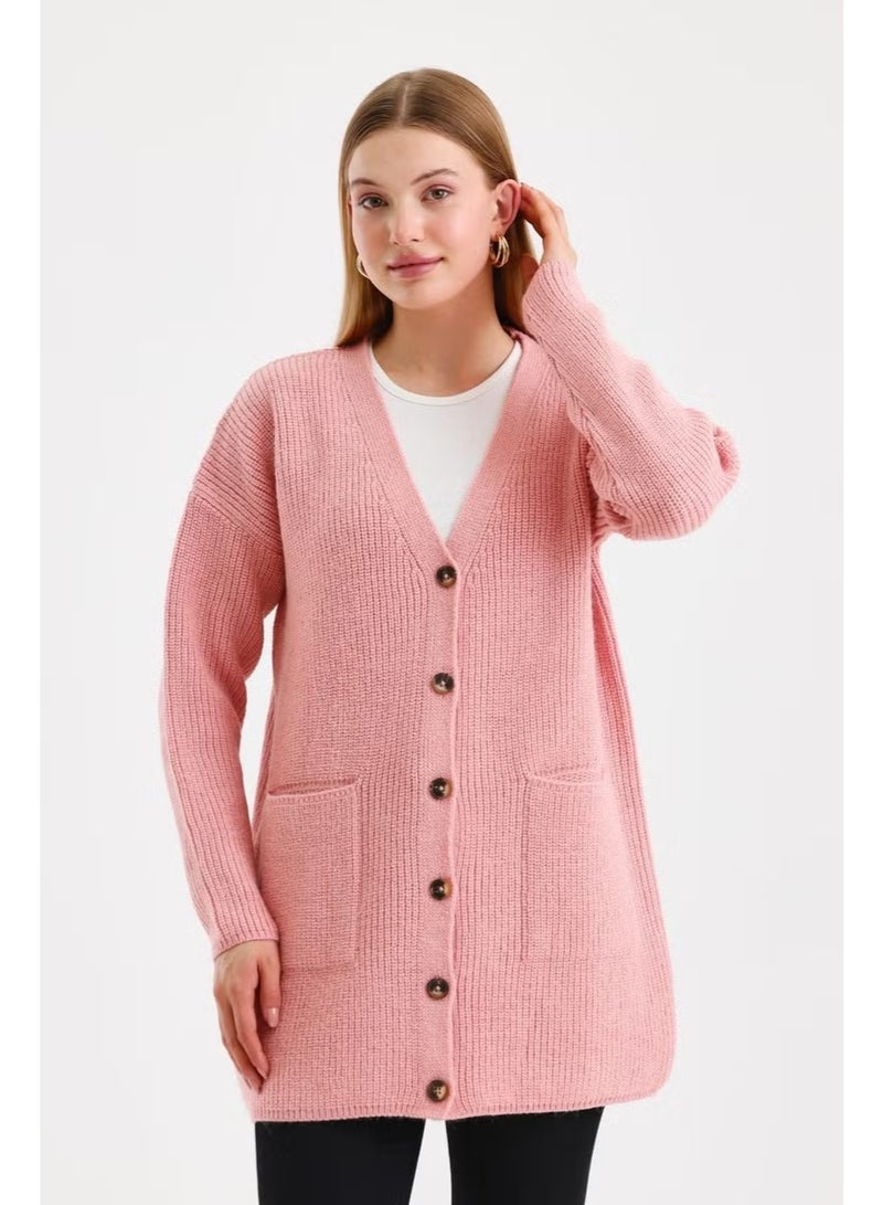 Odelon Women's Buttoned Oversize Pocket Long Pink Knitted Cardigan - Image 4